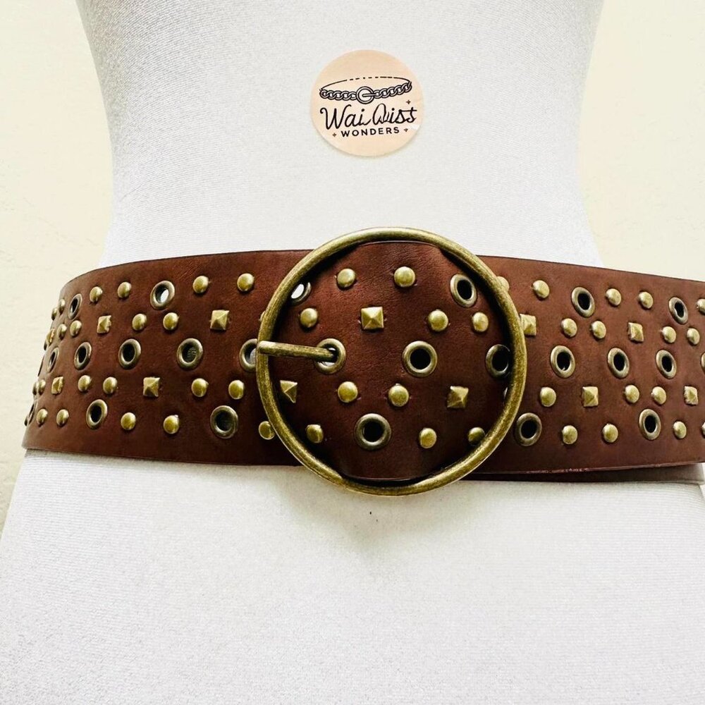 Y2K 2000s style Brown leather belt with gold studs and eyelets